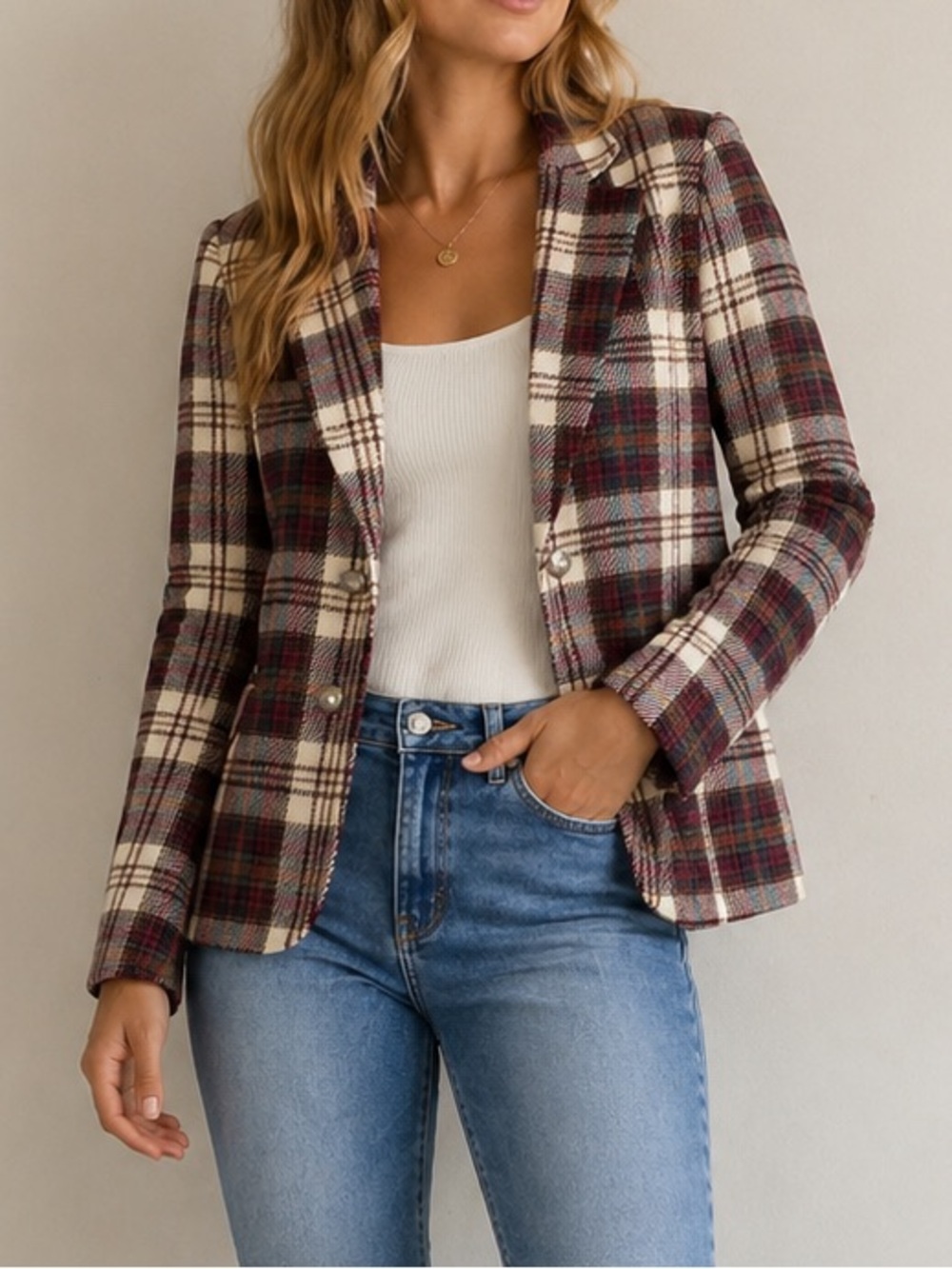 Vintage Worthington Plaid Women's Blazer jacket Size 10 Buttons Lined Red Creme